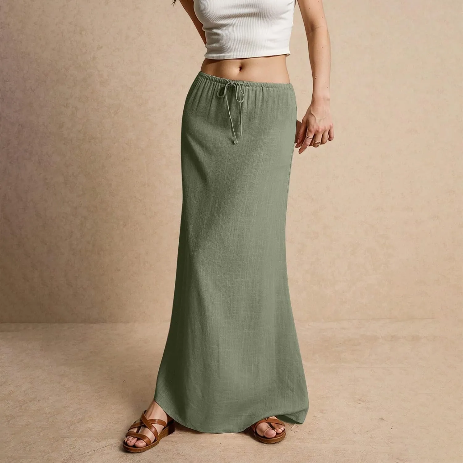 Linen Maxi Skirts for Women 2025 Summer Drawstring Waist A Line Skirts Vacation Trendy Comfy Boho Long Flowy Skirt