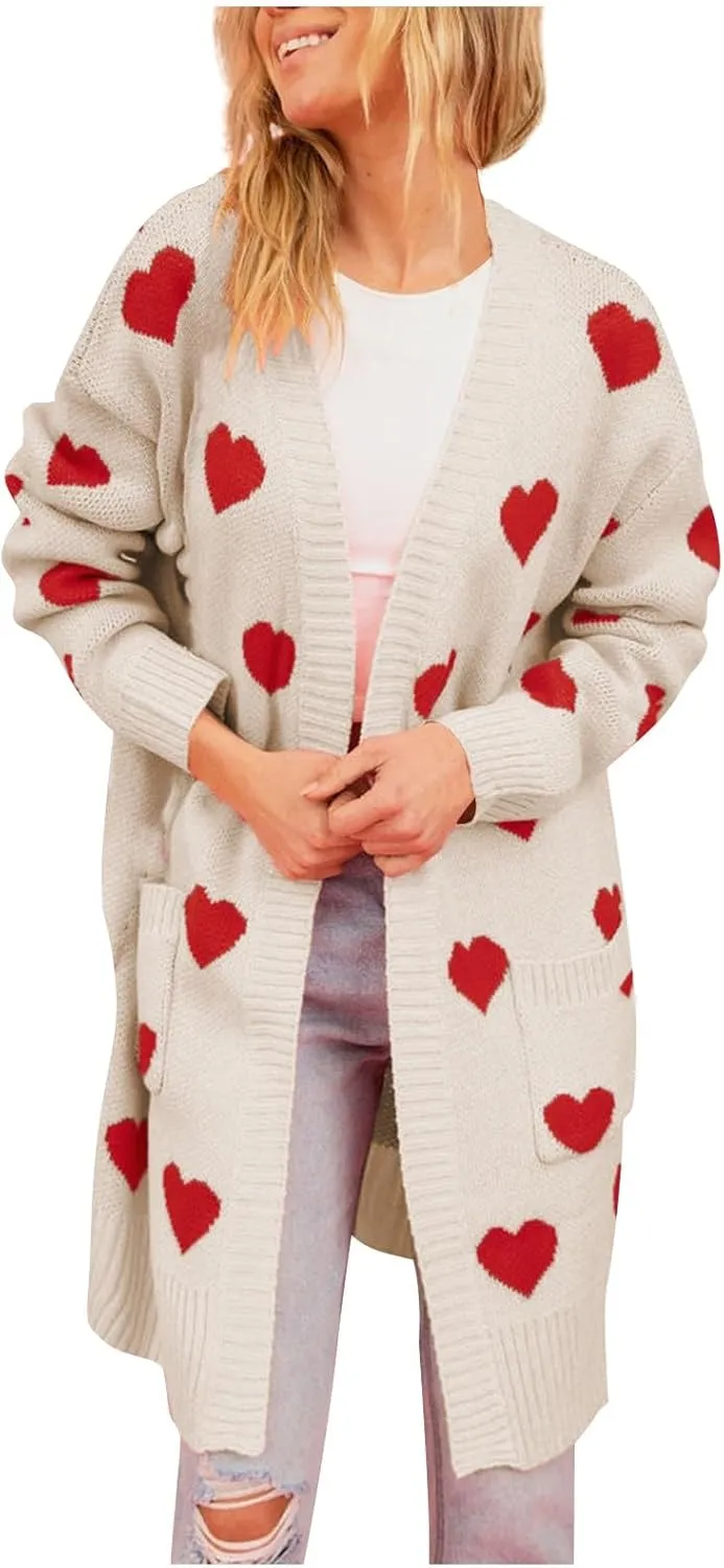 Long Oversized Cardigans Sweaters for Women Open Front Long Sleeve Knit Chunky Fall Heart Print Sweaters with Pockets