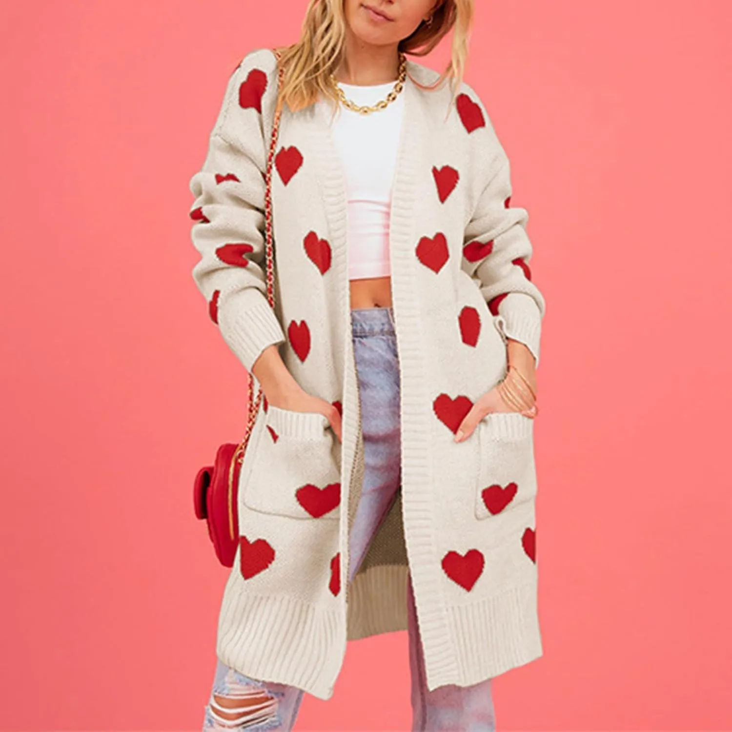 Long Oversized Cardigans Sweaters for Women Open Front Long Sleeve Knit Chunky Fall Heart Print Sweaters with Pockets