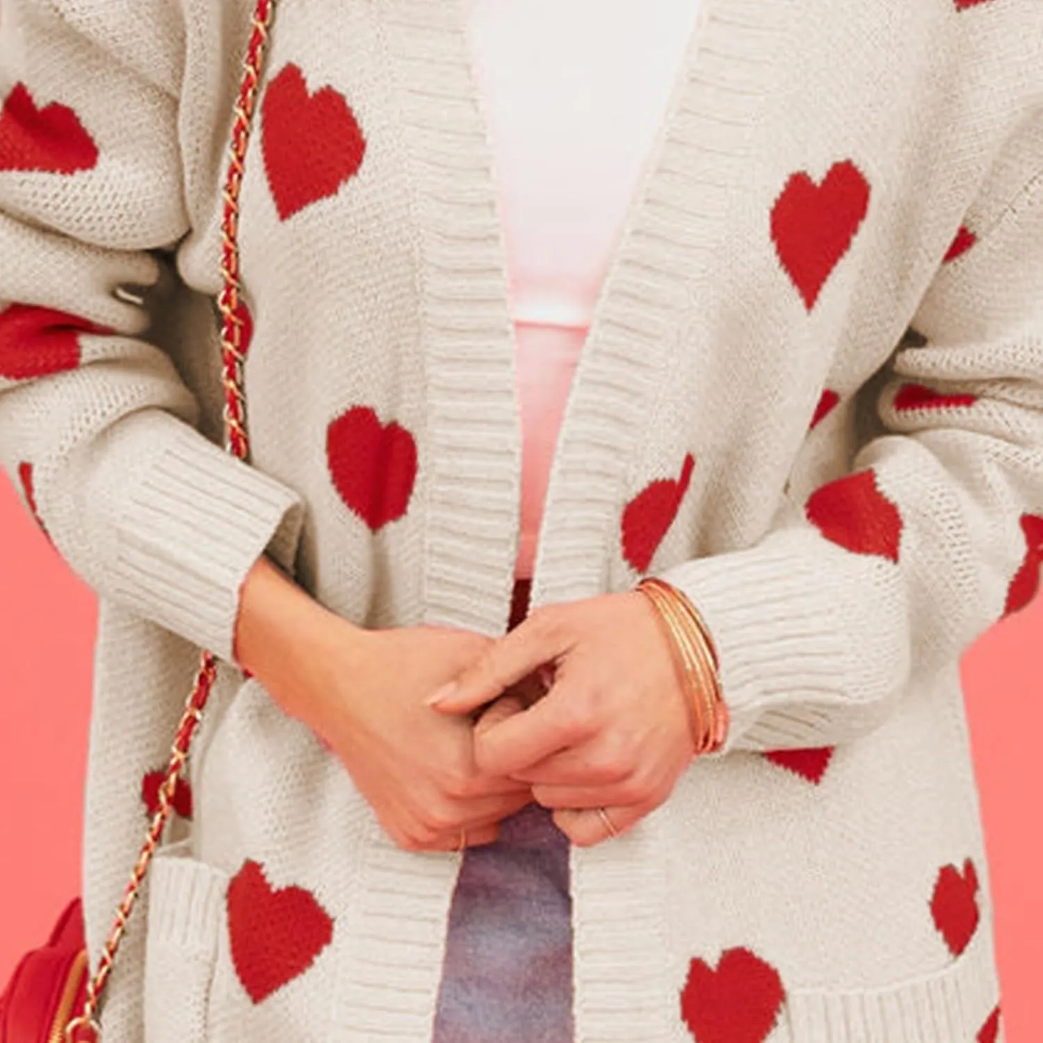 Long Oversized Cardigans Sweaters for Women Open Front Long Sleeve Knit Chunky Fall Heart Print Sweaters with Pockets
