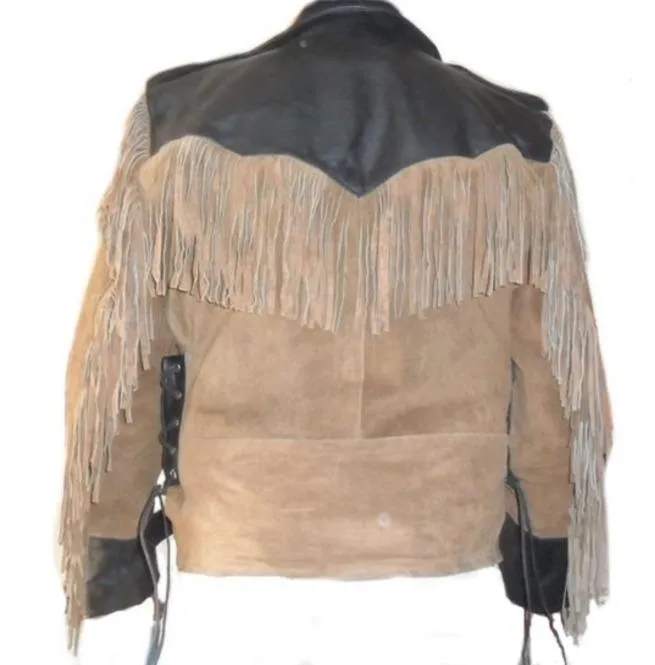 Men 1980's Cowboy Suede Western Leather Black Beige Jacket ,Cowboy Suede Fringe Jacket