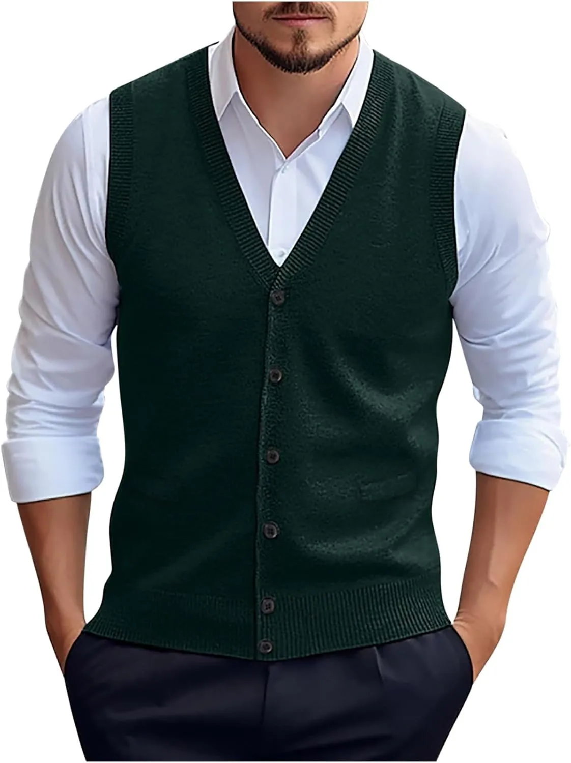 Mens Button-up Sweater Vest V Neck Knitted Waistcoat Casual Sleeveless Button Down Sweater Dress Knit Cardigan Vests