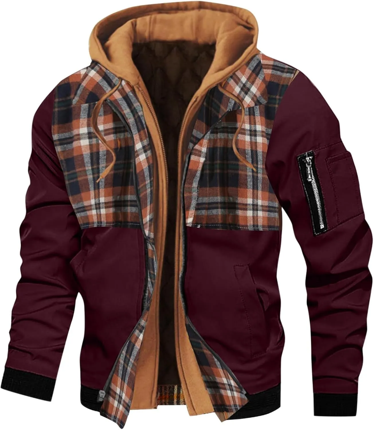 Mens Flannel Padded Baseball Varsity Hooded Jackets Zipper Windbreaker Flight Bomber Jacket Thermal Letterman Softshell Coats