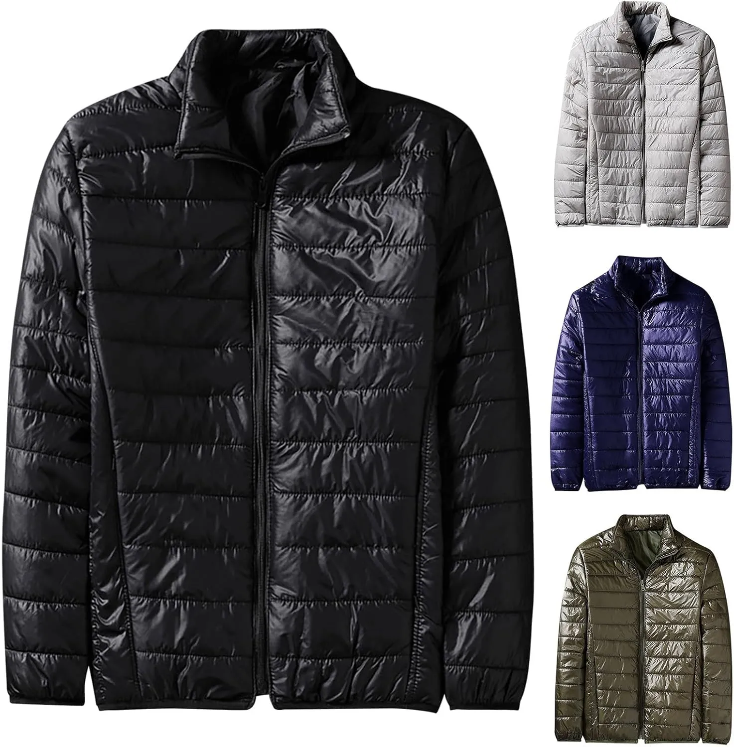 Mens Lightweight Down Jackets No Hood Zipper Warm Winter Light Puffer Jacket Packable Bubble Coats Quilted Outerwear