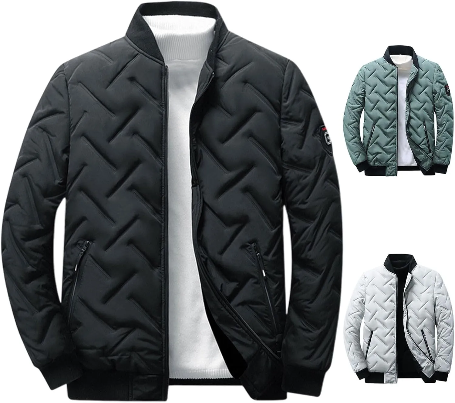 Mens Quilted Puffer Jacket Lightweight Hoodless Zip Up Bomber Jackets Warm Winter Down Coats Casual Fashion Outwear