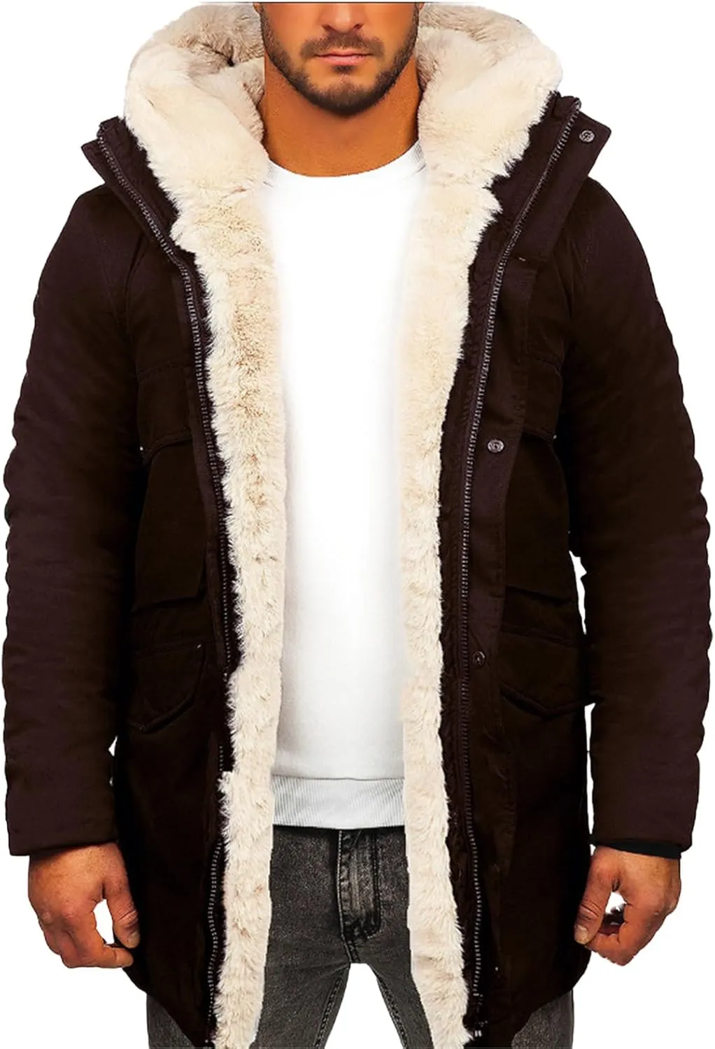 Men's Winter Jacket Heavyweight Sherpa Fleece Lined Jackets Fur Collar Long Trench Coats Winter Parka Overcoat for Men