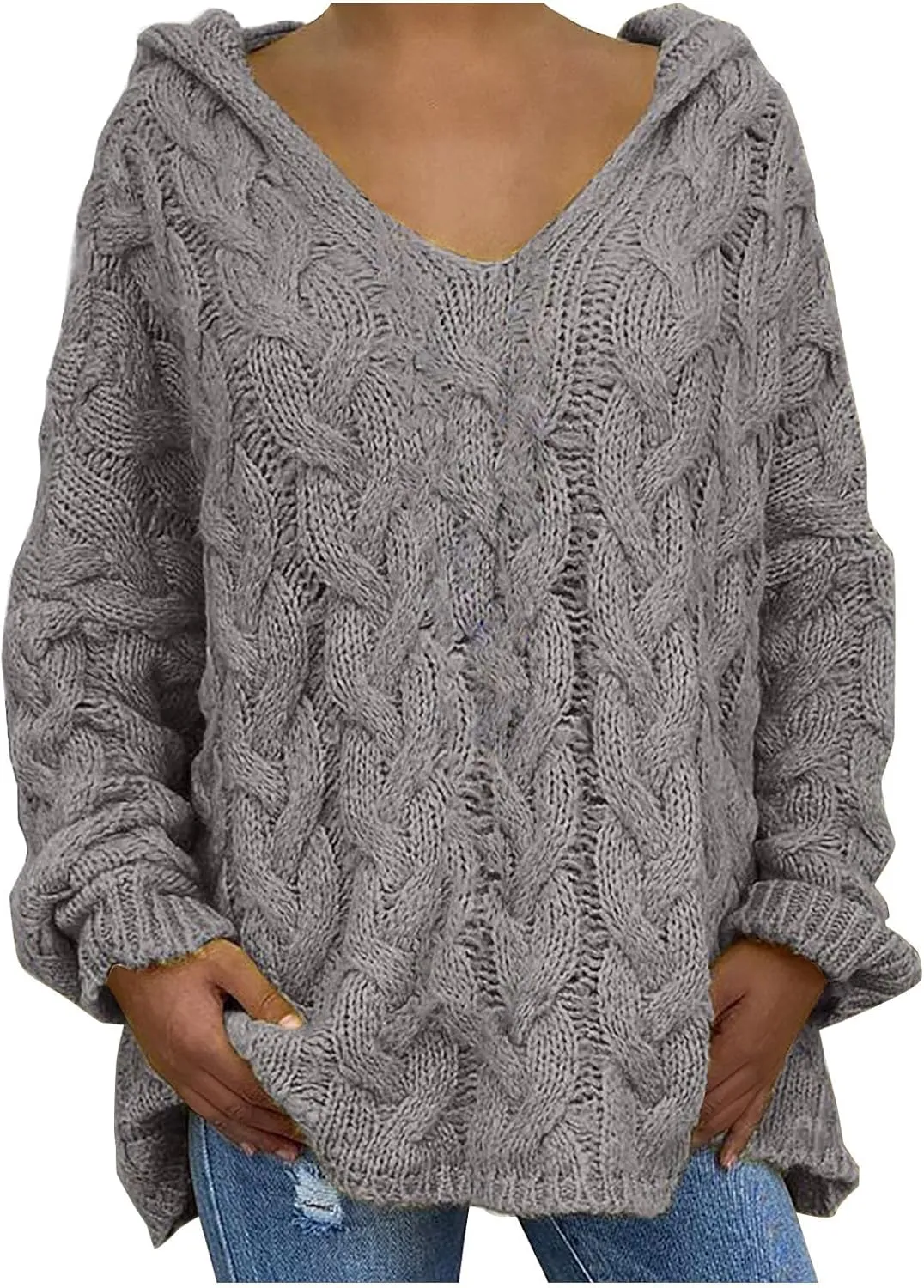 Oversized Sweaters Womens Chunky Cable Knit Pullover Hooded Sweaters V Neck Long Sleeve Loose Hoodies Knitwear Clothes