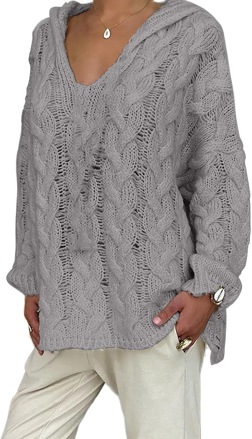 Oversized Sweaters Womens Chunky Cable Knit Pullover Hooded Sweaters V Neck Long Sleeve Loose Hoodies Knitwear Clothes