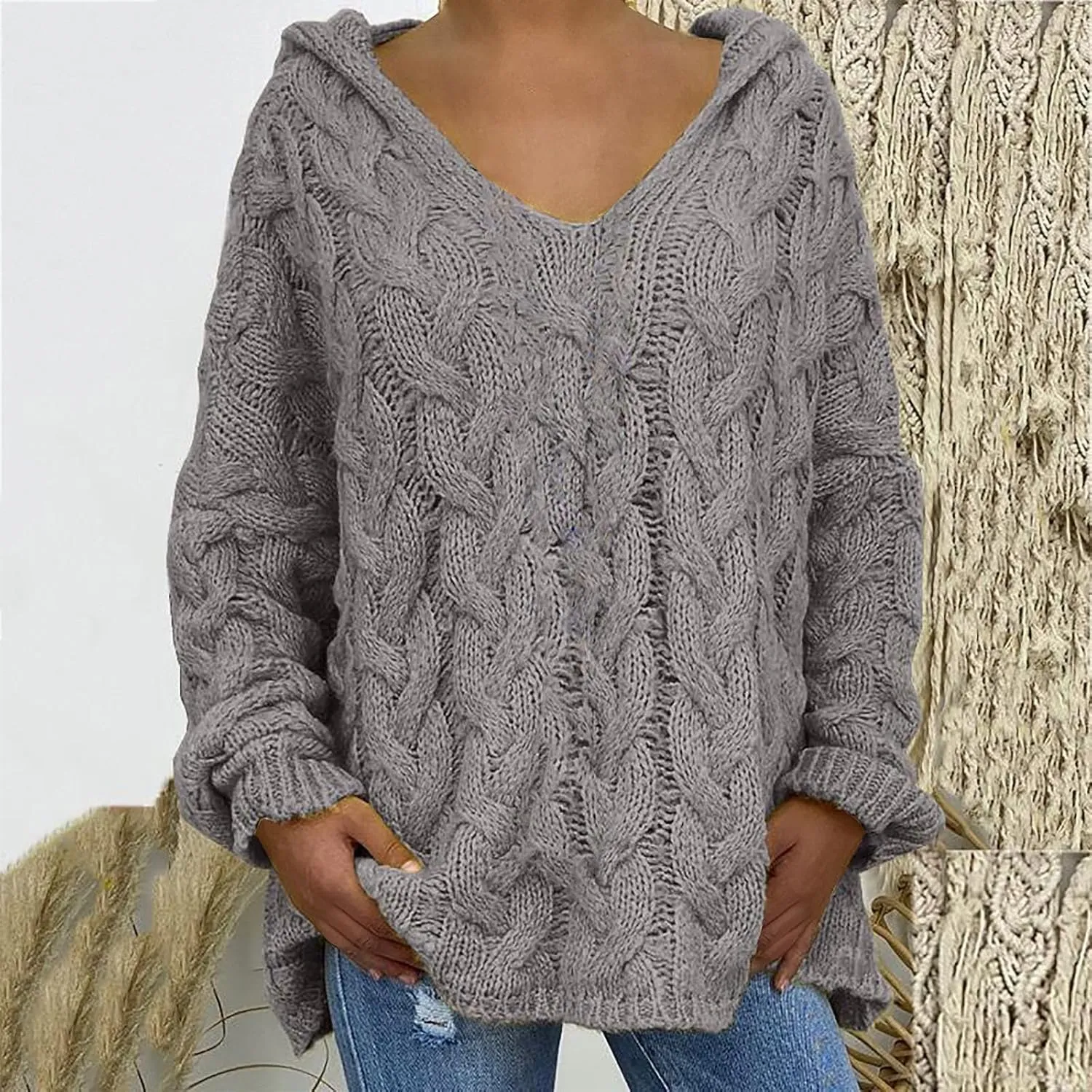 Oversized Sweaters Womens Chunky Cable Knit Pullover Hooded Sweaters V Neck Long Sleeve Loose Hoodies Knitwear Clothes