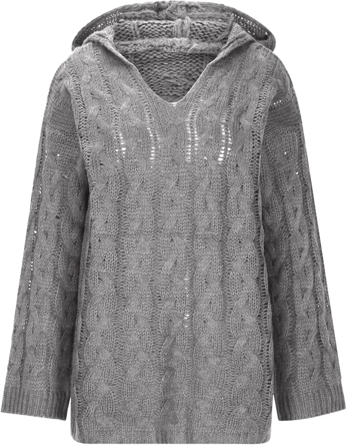 Oversized Sweaters Womens Chunky Cable Knit Pullover Hooded Sweaters V Neck Long Sleeve Loose Hoodies Knitwear Clothes