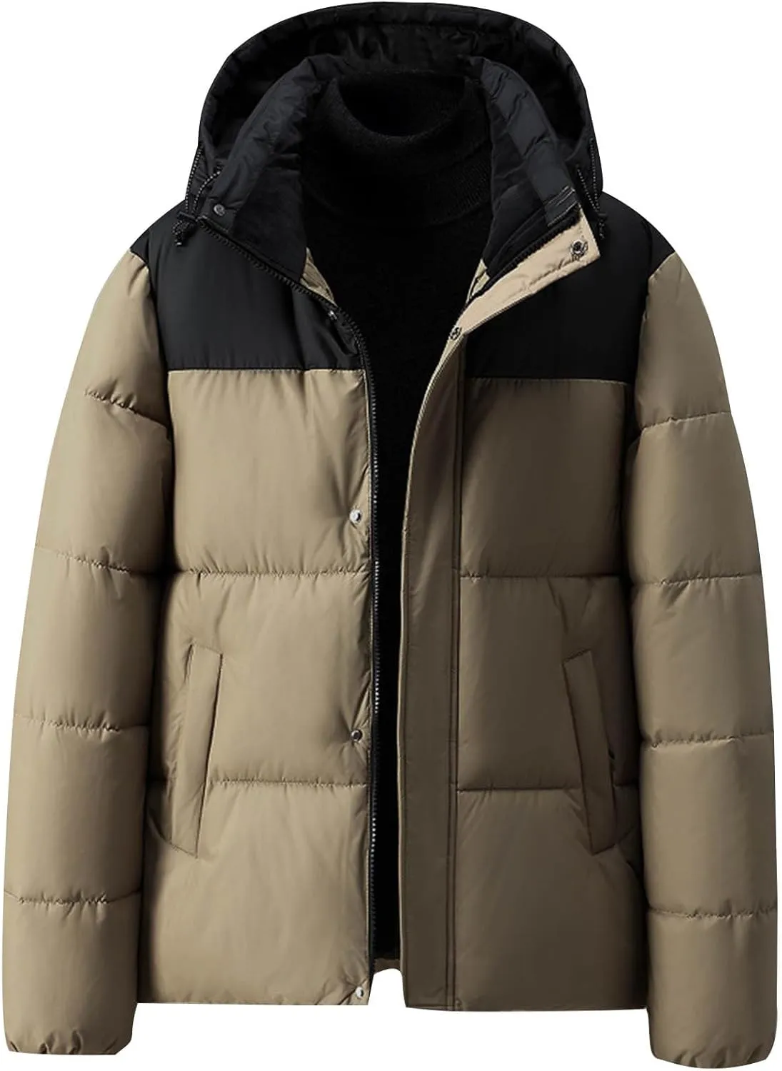 Puffer Jacket Men Zip up Padded Coat Hooded Down Jacket Warm Winter Coat Quilted Insulated Jacket Thermal Outwear