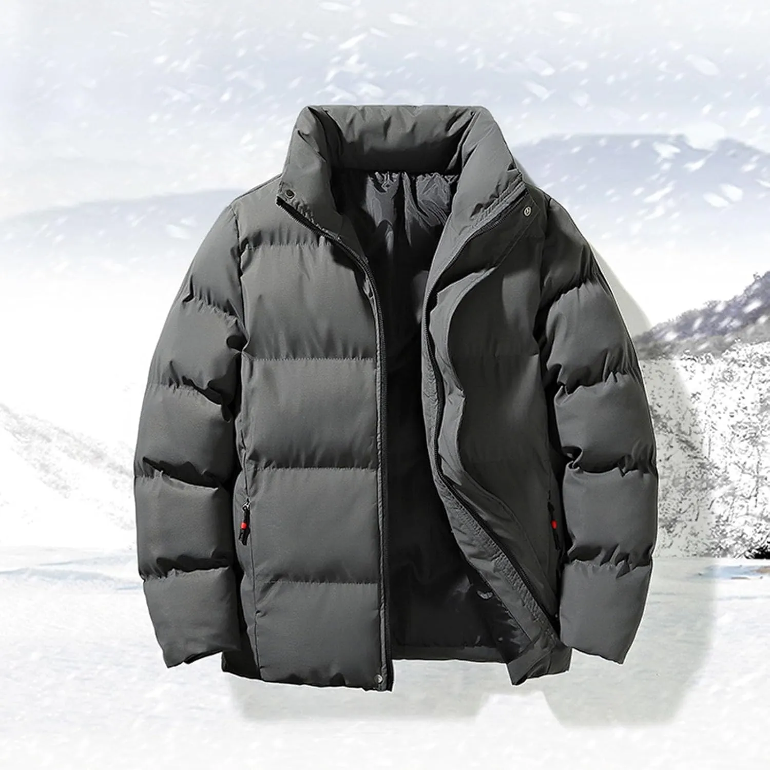 Quilted Full Zip Puffer Jacket Men Thicken Stand Collar down Jacket Windproof Insulated Winter Warm Puffy Ski Coat Outwear