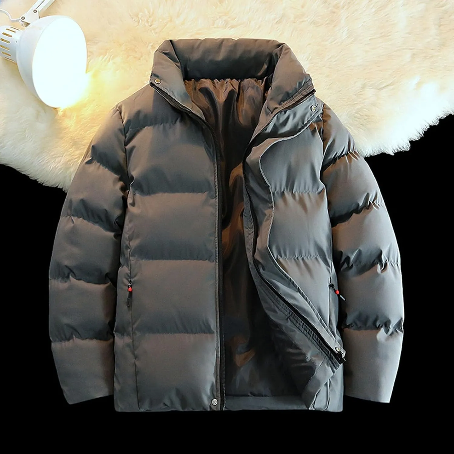 Quilted Full Zip Puffer Jacket Men Thicken Stand Collar down Jacket Windproof Insulated Winter Warm Puffy Ski Coat Outwear