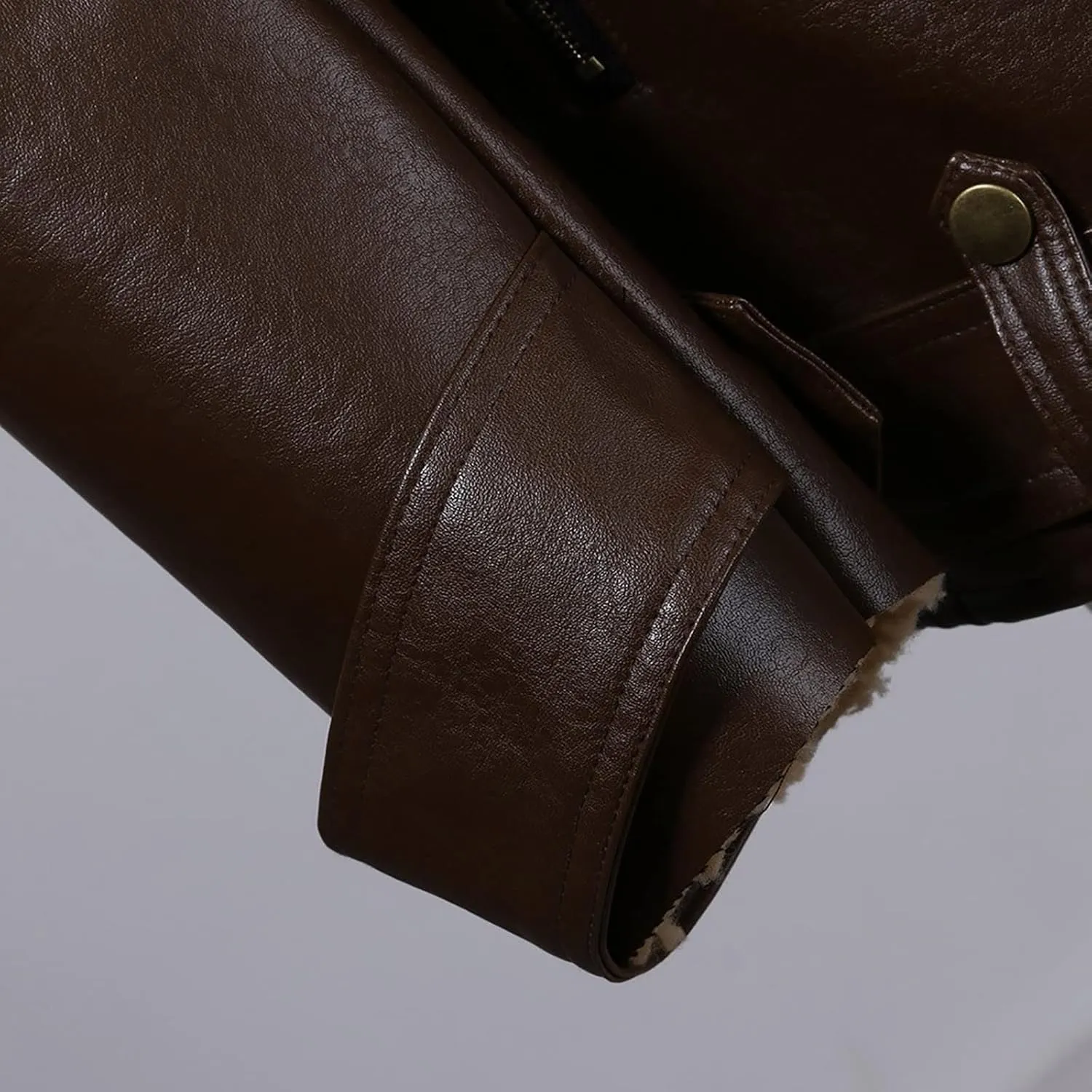Winter Leather Jacket for Men Sherpa Lined Full Zip Lapel Fur Collar Jackets Casual Cropped Warm Fleece Cardigans Coats