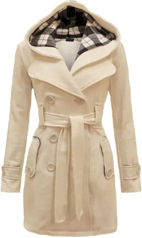 Wkishenl Women's Trench Coat Double Breasted Pea Coat Classic Lapel Mid-Long Overcoat Belted Slim Solid Outerwear with Hood