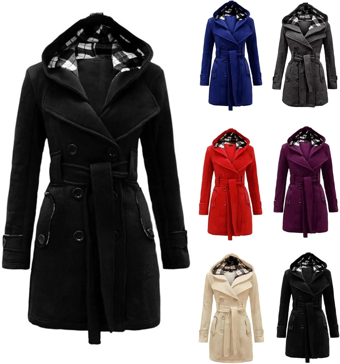 Wkishenl Women's Trench Coat Double Breasted Pea Coat Classic Lapel Mid-Long Overcoat Belted Slim Solid Outerwear with Hood