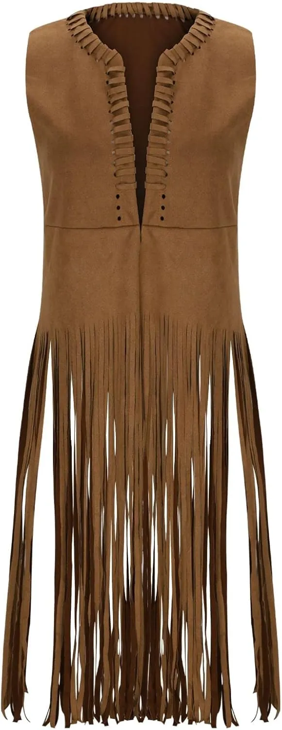 Women Tassel Sleeveless Vest 2024 Fall Vintage Western Fringe Cardigan Waistcoat 70s Hippie Faux Suede Cowboy Jackets