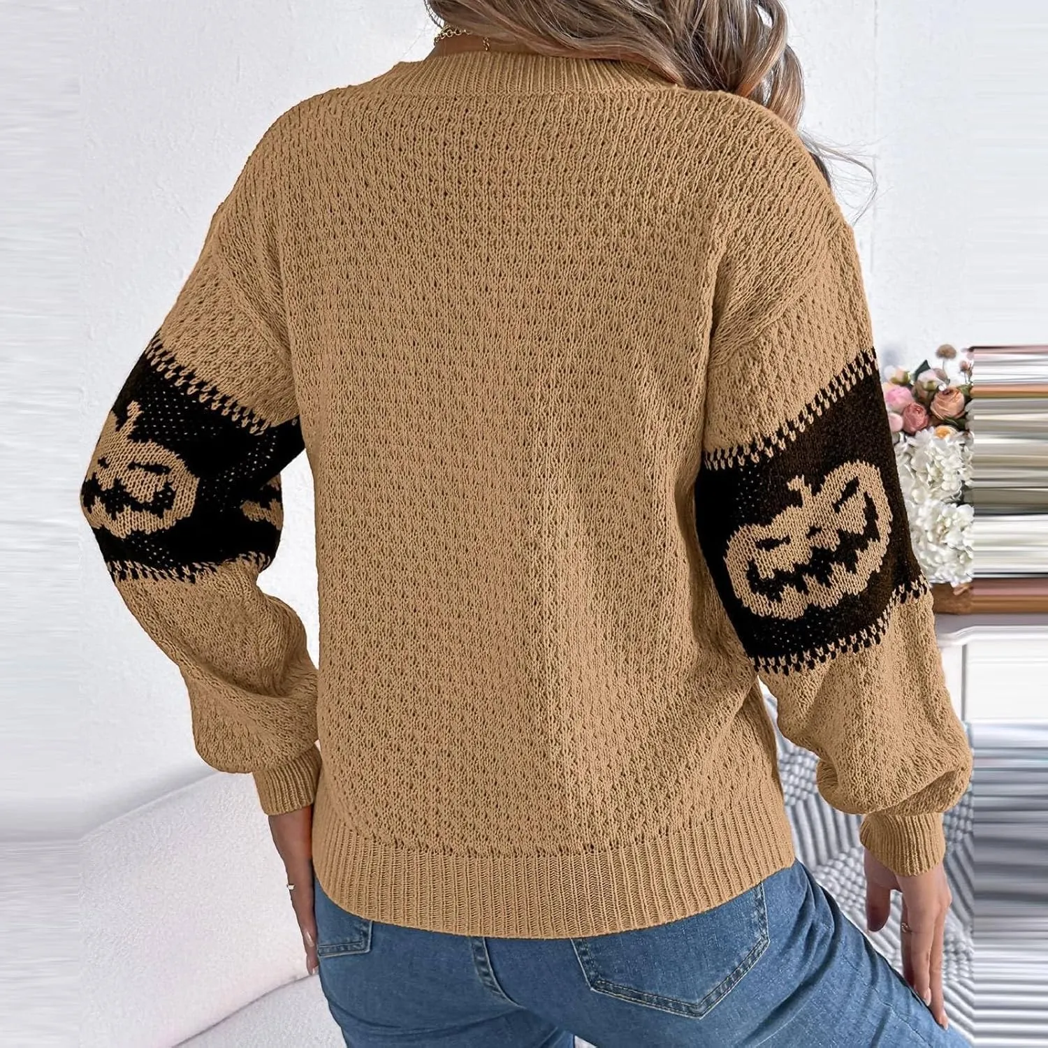 Women's 2024 Fall Fashion Turtleneck Long Sleeve Striped Ribbed Knit Loose Pullover Sweater Tops Crewneck Cozy Tops