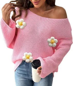 Womens Floral Print V Neck Knit Sweater Long Sleeve Fashion Tops Fall Pullover Crewneck Chunky Cable Knit Blouse Top