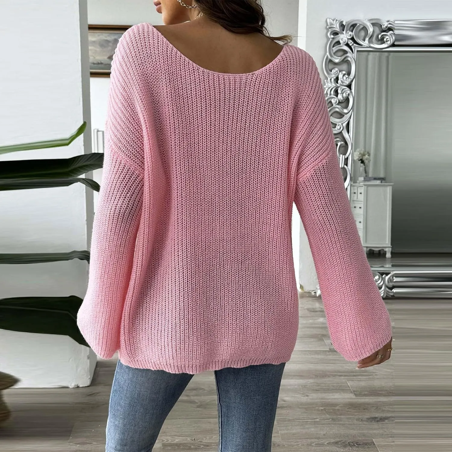 Womens Floral Print V Neck Knit Sweater Long Sleeve Fashion Tops Fall Pullover Crewneck Chunky Cable Knit Blouse Top