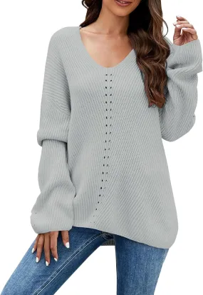 Womens Floral Print V Neck Knit Sweater Long Sleeve Fashion Tops Fall Pullover Crewneck Chunky Cable Knit Blouse Top