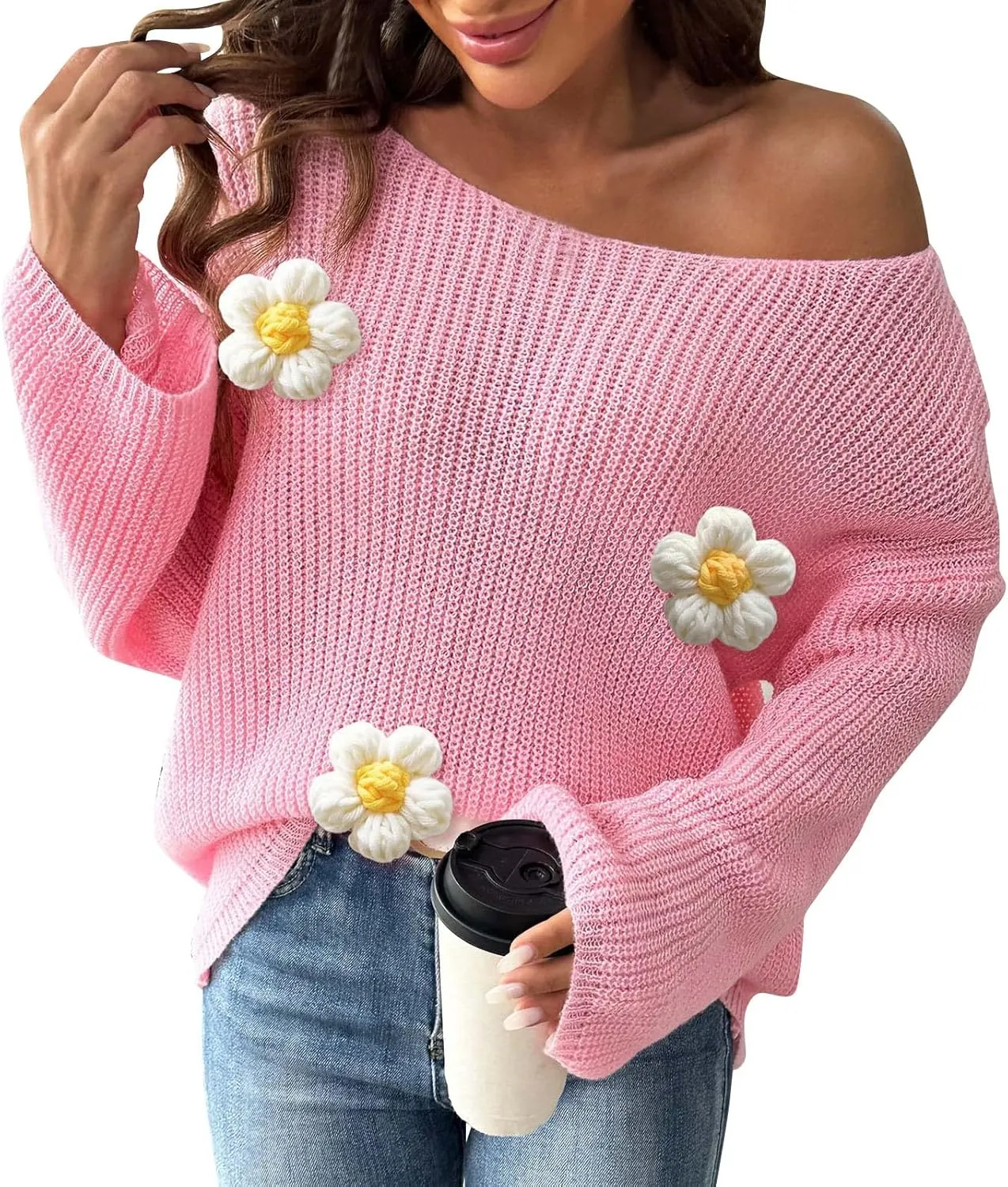 Womens Floral Print V Neck Knit Sweater Long Sleeve Fashion Tops Fall Pullover Crewneck Chunky Cable Knit Blouse Top
