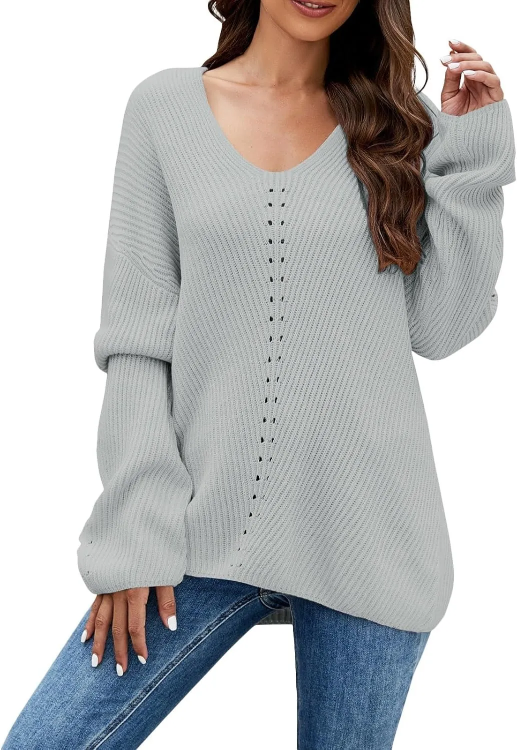 Womens Floral Print V Neck Knit Sweater Long Sleeve Fashion Tops Fall Pullover Crewneck Chunky Cable Knit Blouse Top