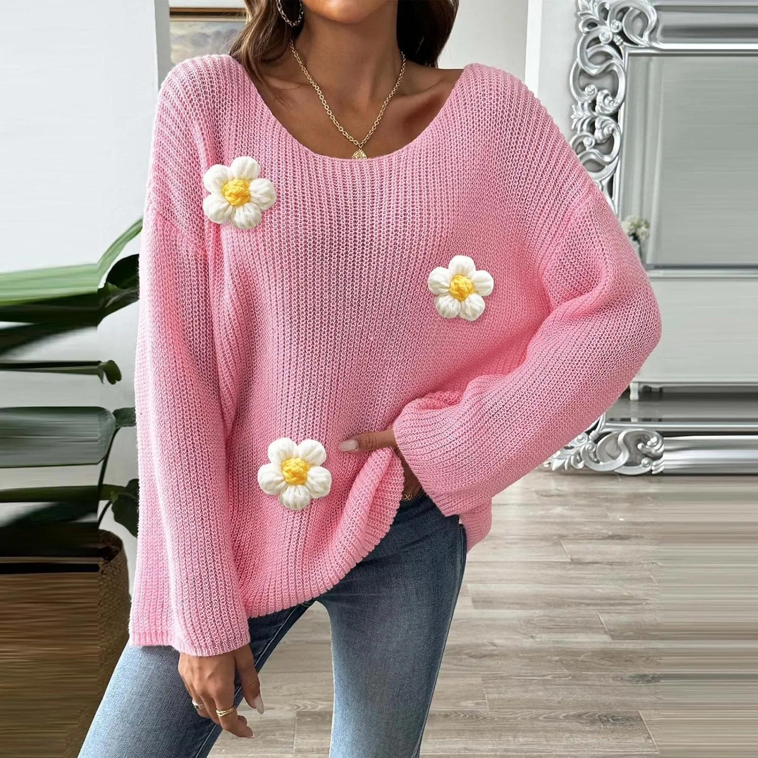 Womens Floral Print V Neck Knit Sweater Long Sleeve Fashion Tops Fall Pullover Crewneck Chunky Cable Knit Blouse Top