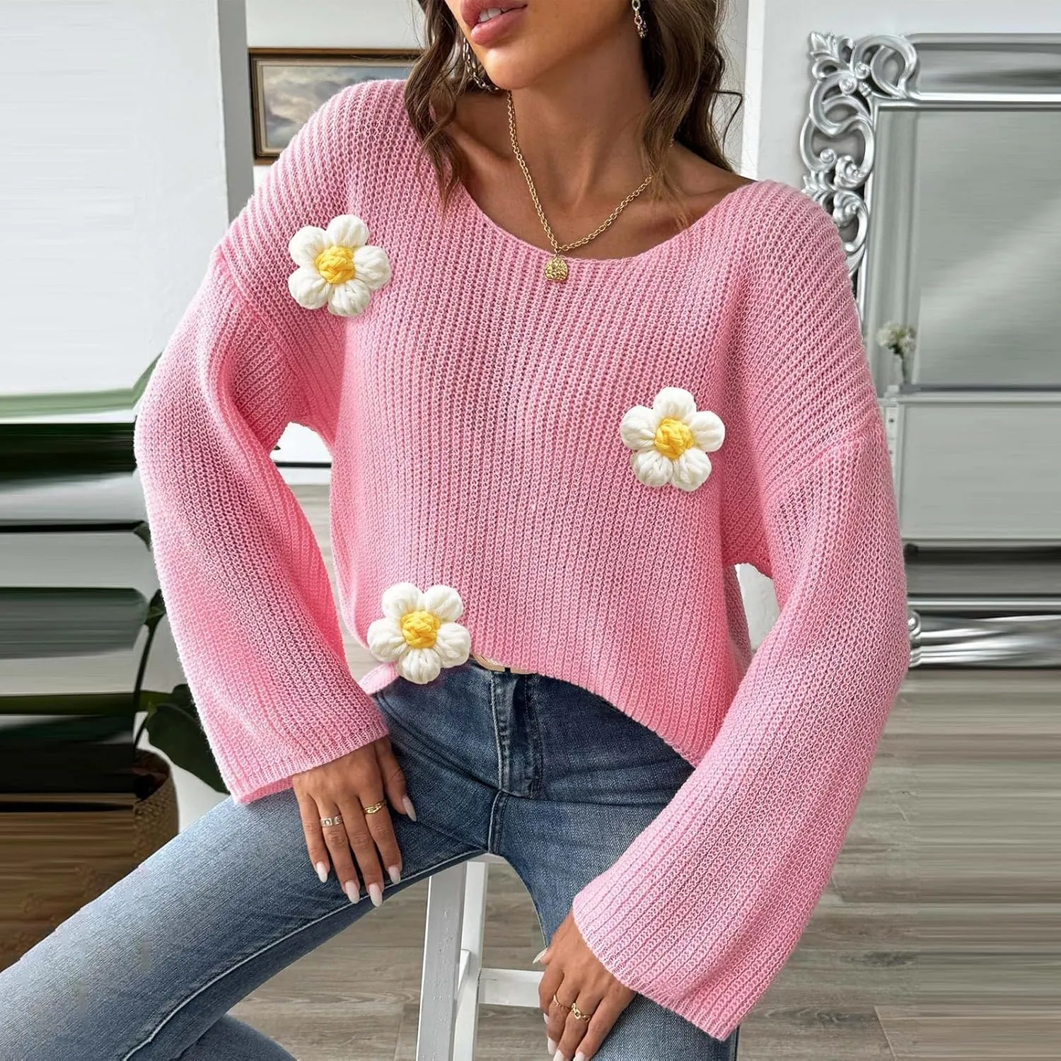 Womens Floral Print V Neck Knit Sweater Long Sleeve Fashion Tops Fall Pullover Crewneck Chunky Cable Knit Blouse Top