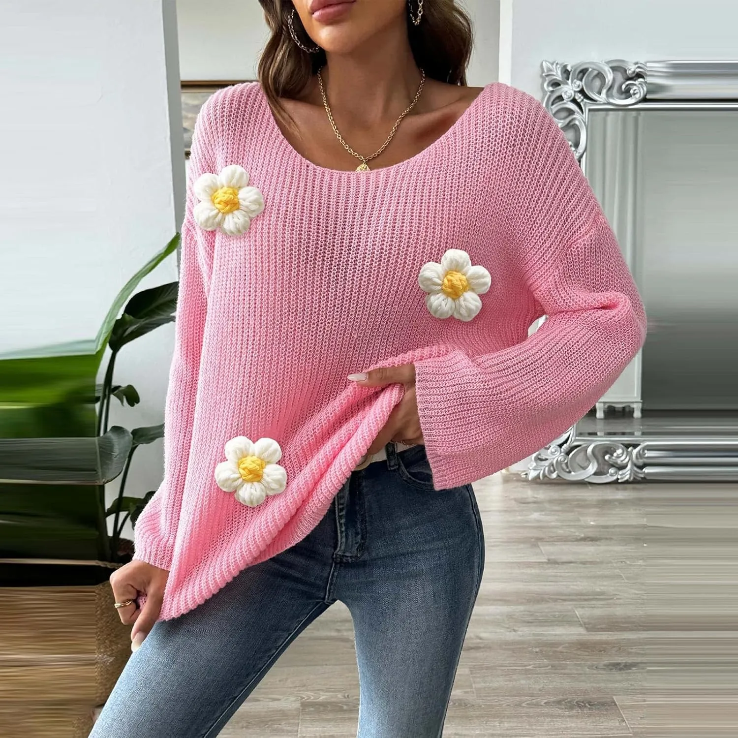 Womens Floral Print V Neck Knit Sweater Long Sleeve Fashion Tops Fall Pullover Crewneck Chunky Cable Knit Blouse Top