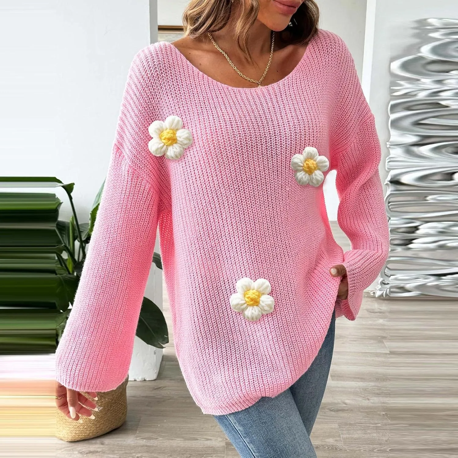 Womens Floral Print V Neck Knit Sweater Long Sleeve Fashion Tops Fall Pullover Crewneck Chunky Cable Knit Blouse Top