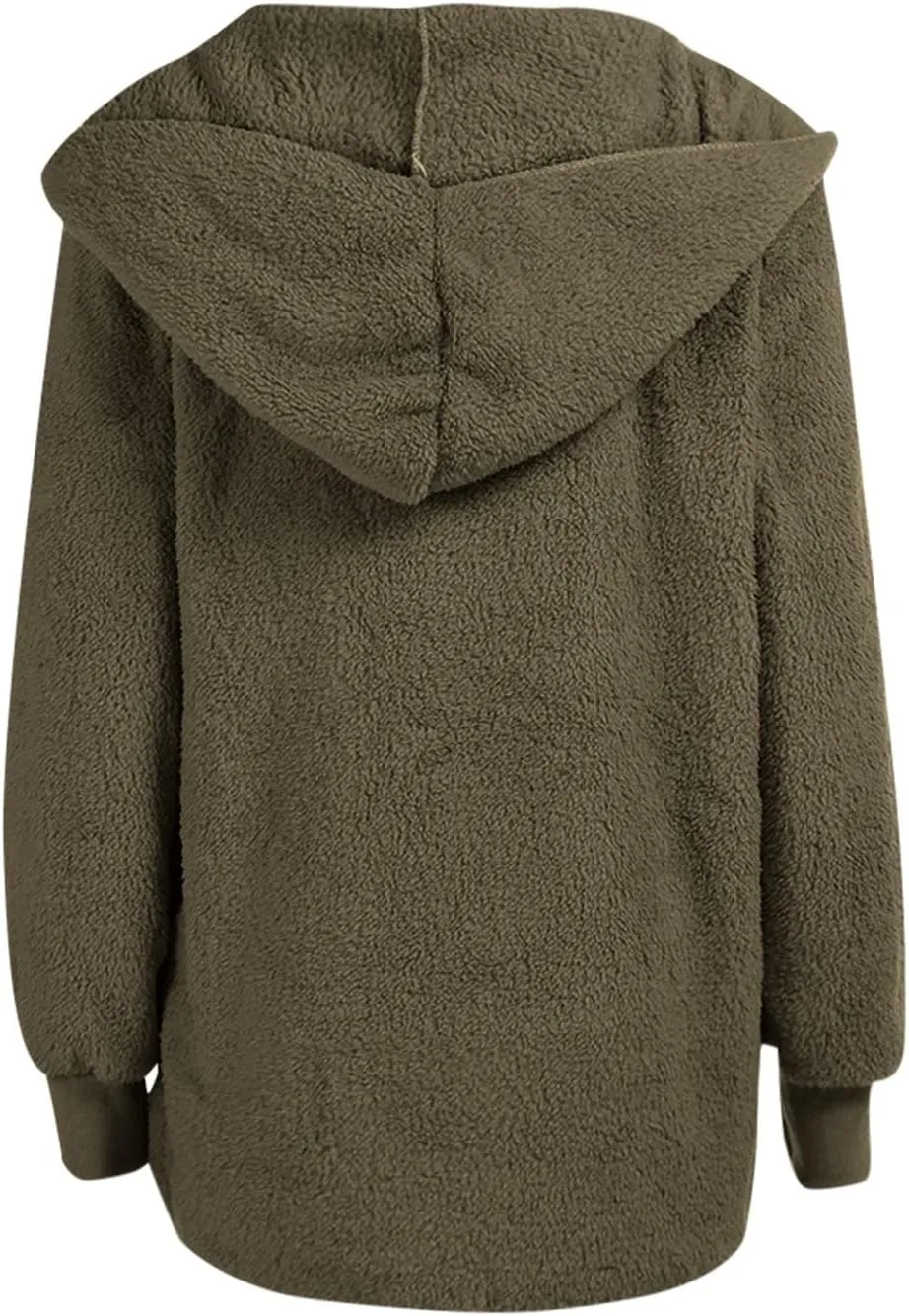 Women's Hooded Cardigan Sherpa Fuzzy Fleece Jacket Warm Coat Outwear with Pockets 