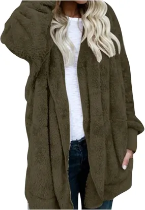 Women's Hooded Cardigan Sherpa Fuzzy Fleece Jacket Warm Coat Outwear with Pockets 