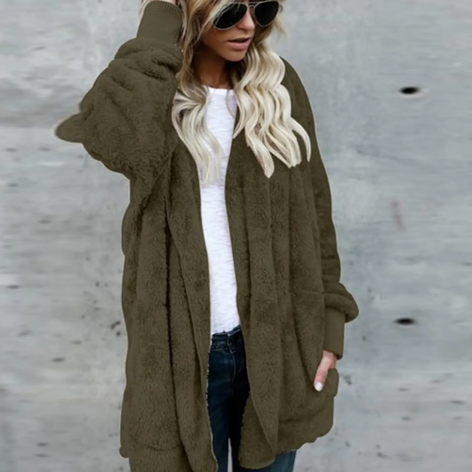 Women's Hooded Cardigan Sherpa Fuzzy Fleece Jacket Warm Coat Outwear with Pockets 