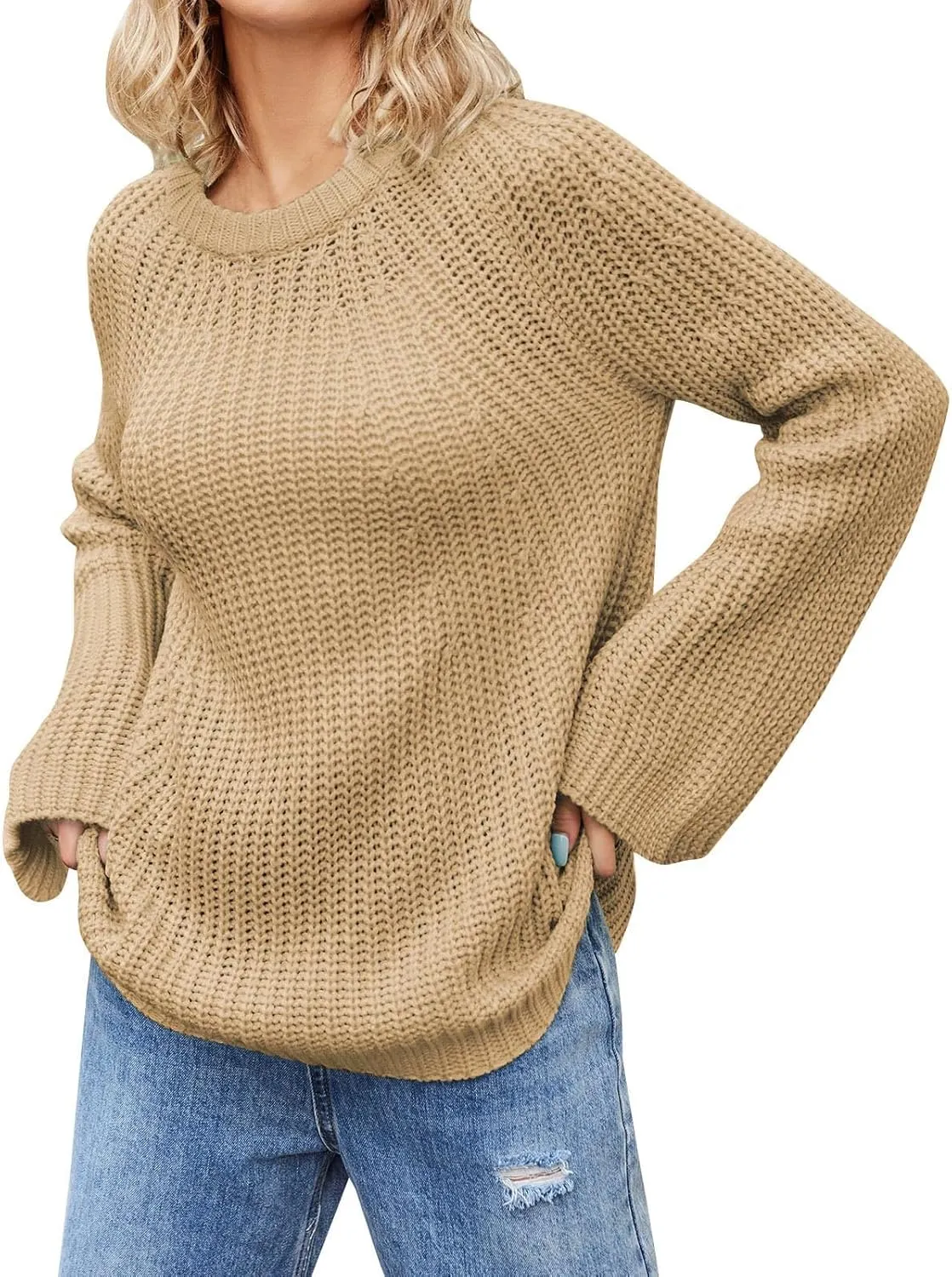 Womens Oversized Sweaters Long Lantern Sleeve Crew Neck 2024 Fall Trendy Ribbed Knit Pullover Sweater Casual Tops