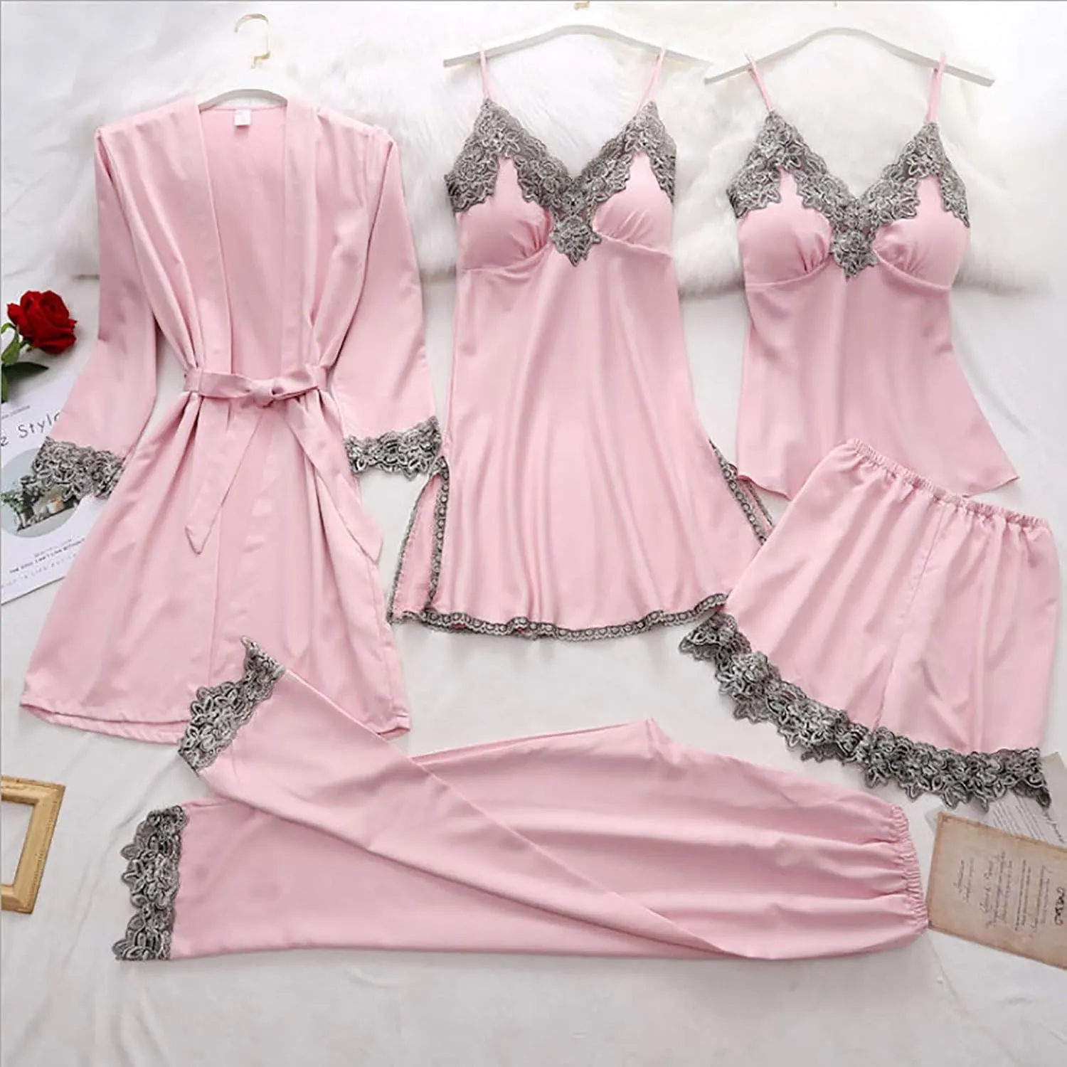 Women's Pajama Set Underwear Robes Lingerie Bodysuit -V 5- Lace Women Set Garter Neck Button Down Loungewear 2 Piece