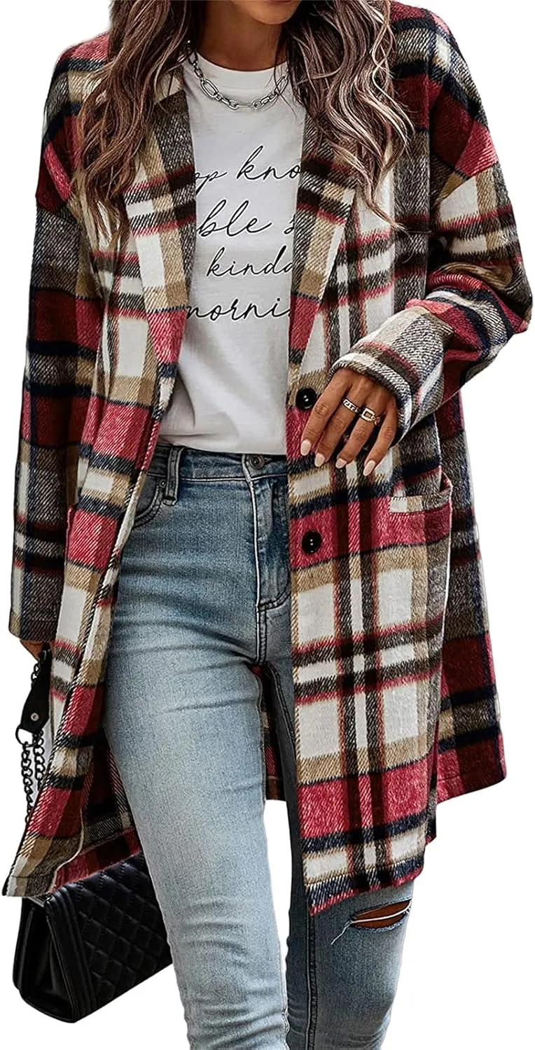 Womens Plaid Wool Pea Coat Button Down Corduroy Shacket Casual Lapel Flannel Trench Coats