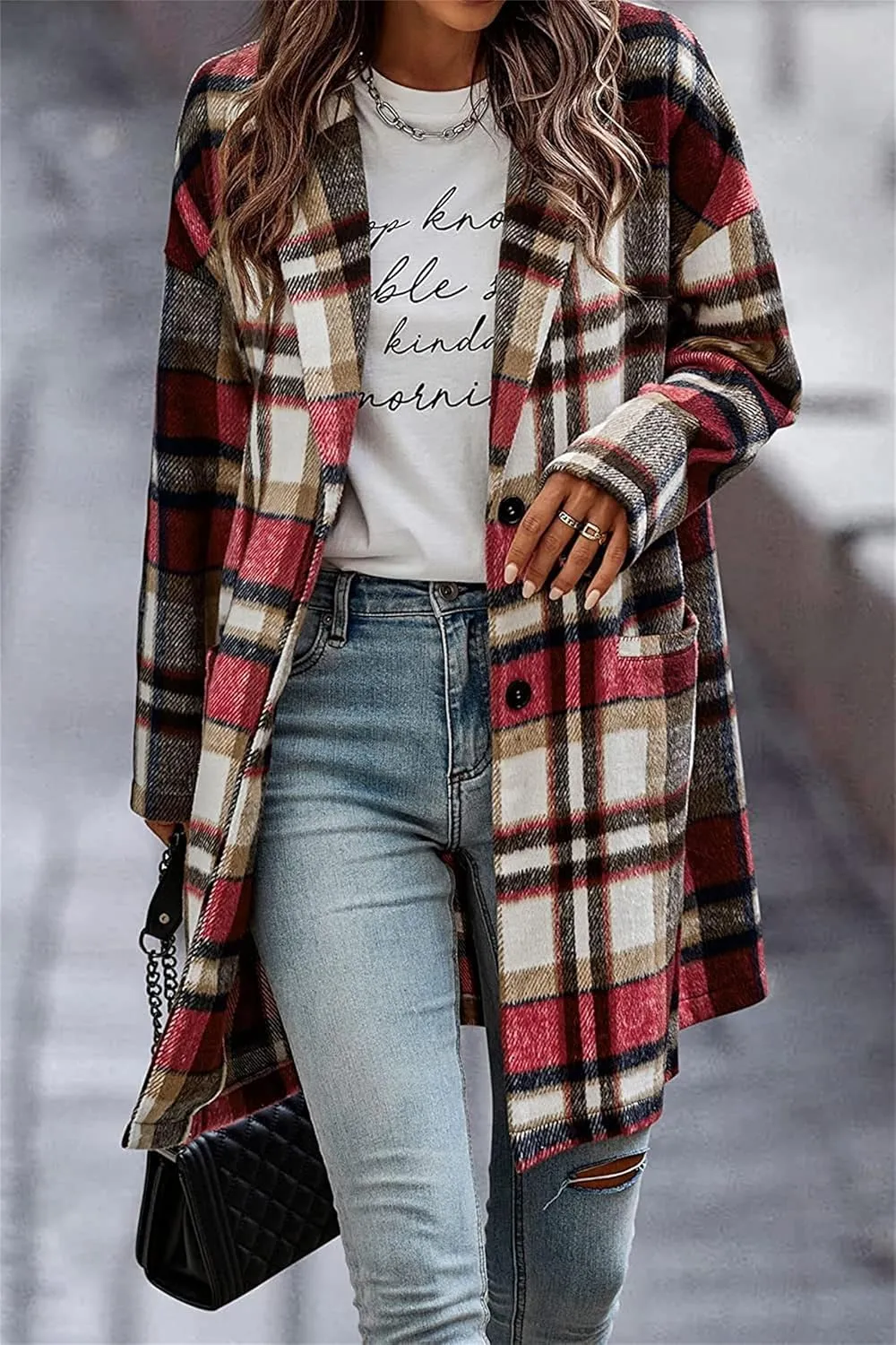 Womens Plaid Wool Pea Coat Button Down Corduroy Shacket Casual Lapel Flannel Trench Coats