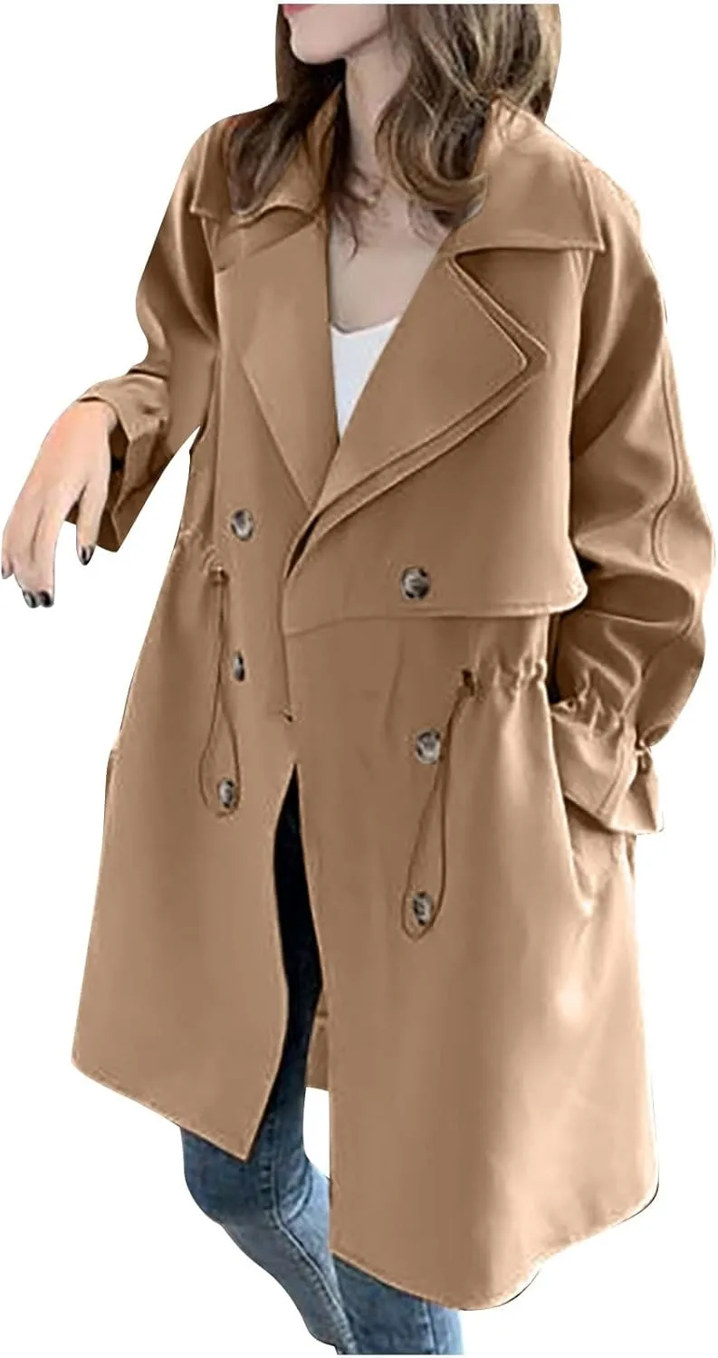 Women's Trench Coats Casual Long Sleeve Lapel Jackets Long Windbreaker Jacket Lightweight Overcoat with Pockets