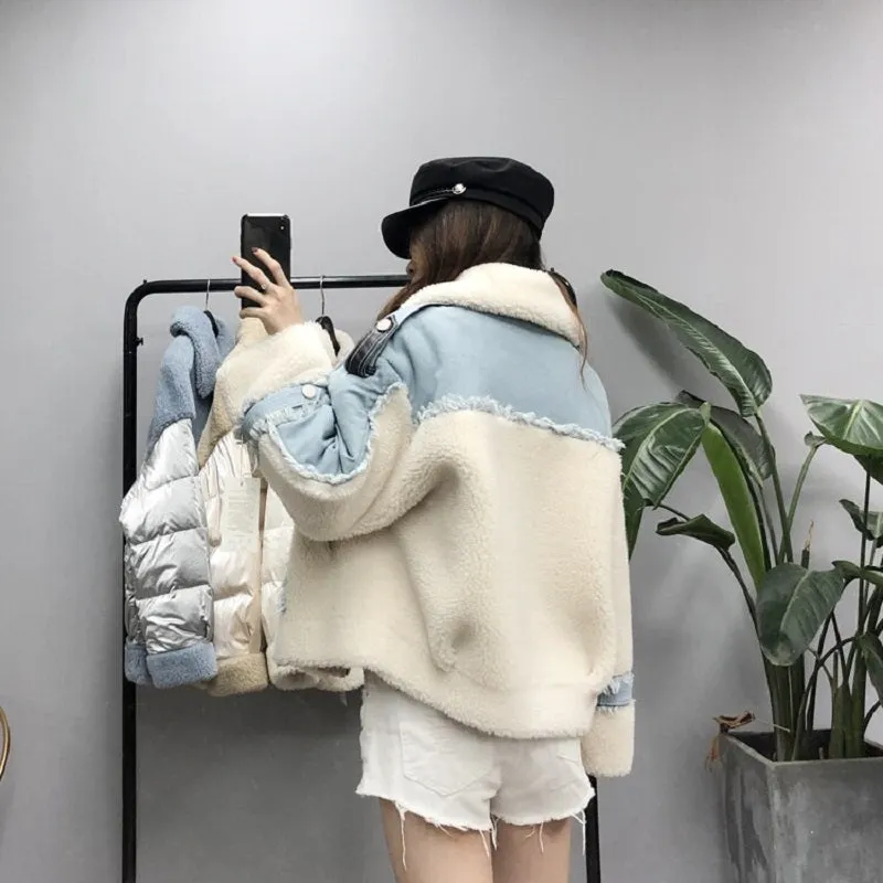 Women's Winter Casual Loose Short Denim Coat With Wool