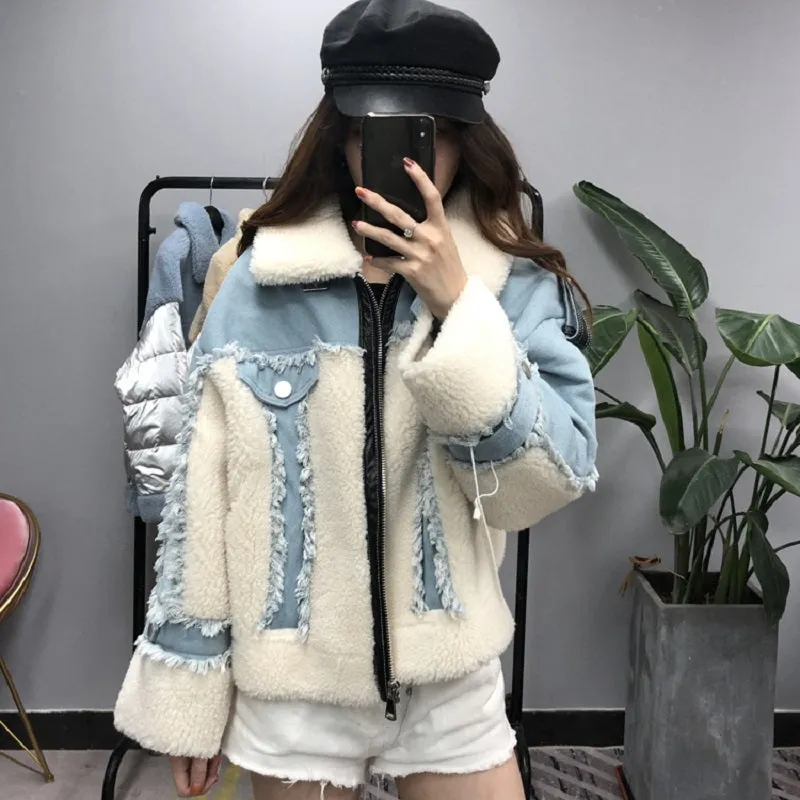 Women's Winter Casual Loose Short Denim Coat With Wool