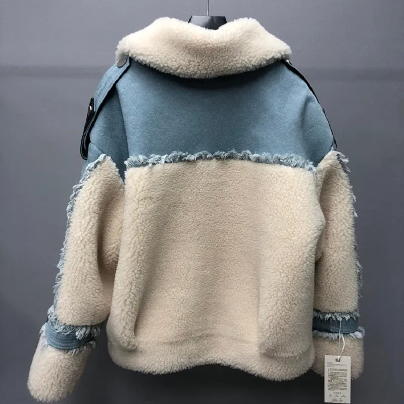 Women's Winter Casual Loose Short Denim Coat With Wool