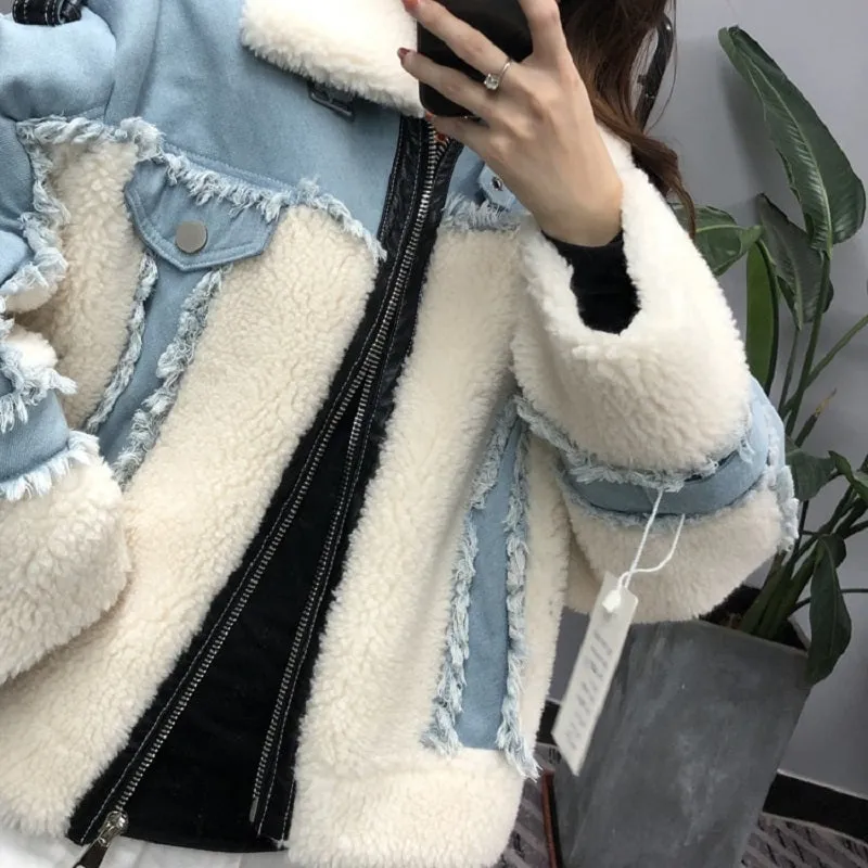 Women's Winter Casual Loose Short Denim Coat With Wool