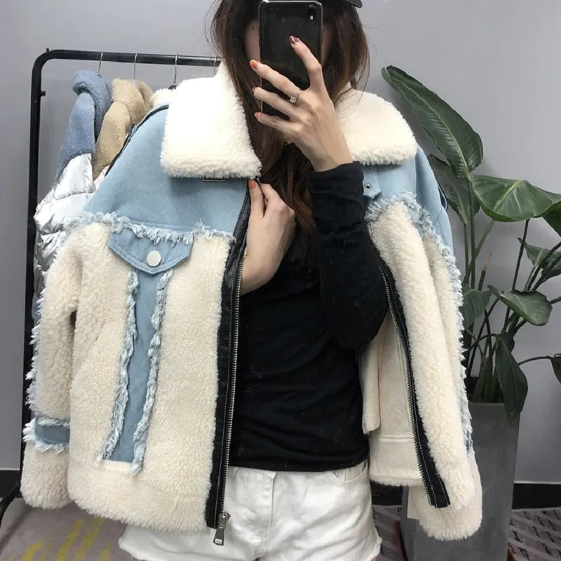 Women's Winter Casual Loose Short Denim Coat With Wool