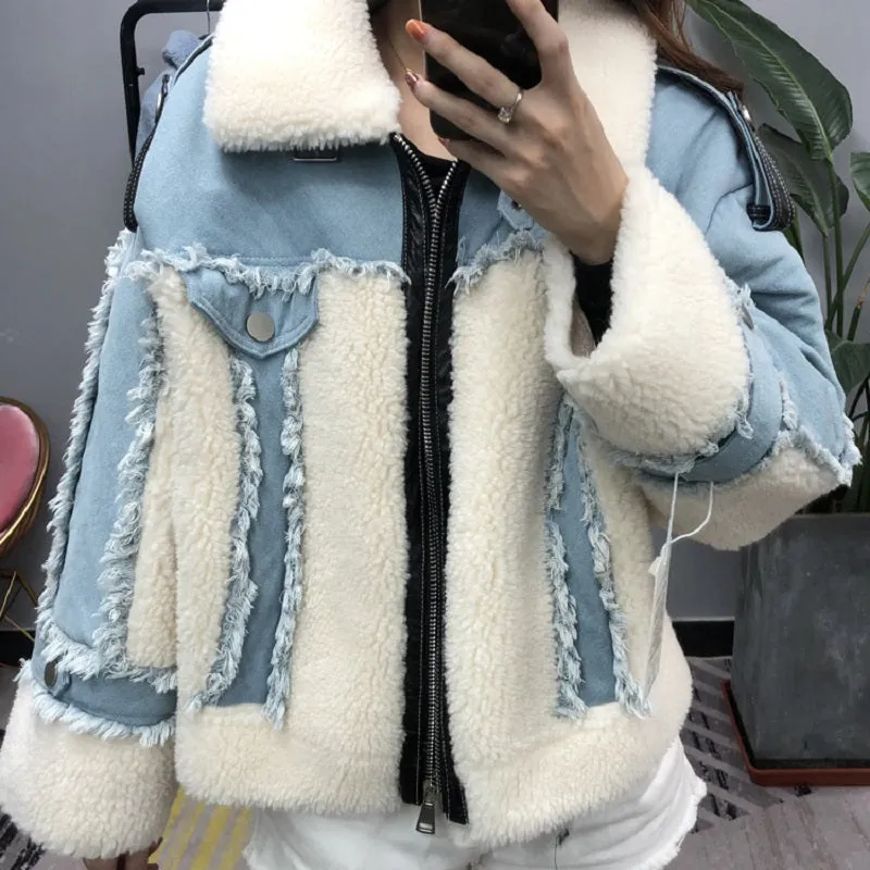 Women's Winter Casual Loose Short Denim Coat With Wool