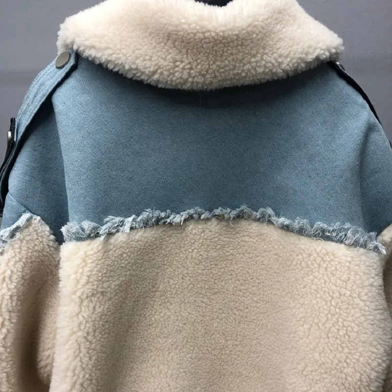 Women's Winter Casual Loose Short Denim Coat With Wool