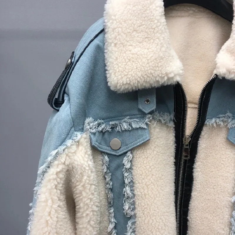 Women's Winter Casual Loose Short Denim Coat With Wool