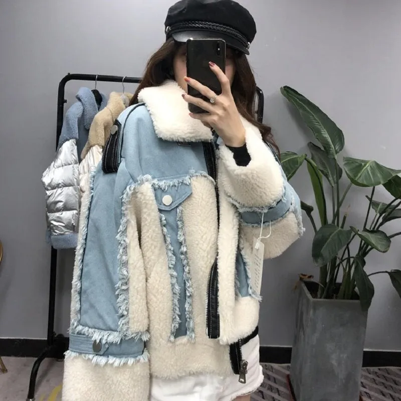 Women's Winter Casual Loose Short Denim Coat With Wool