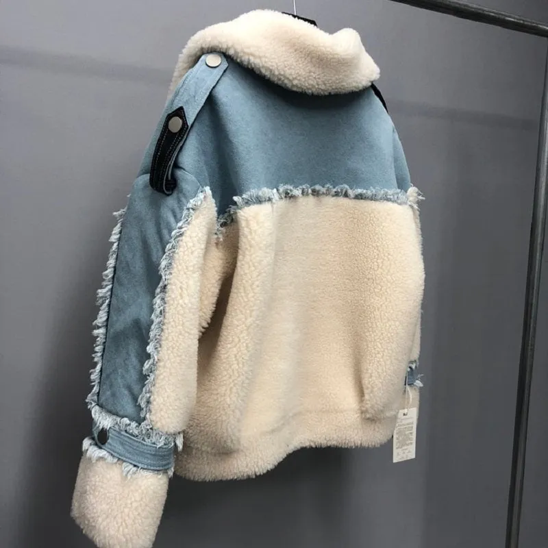 Women's Winter Casual Loose Short Denim Coat With Wool