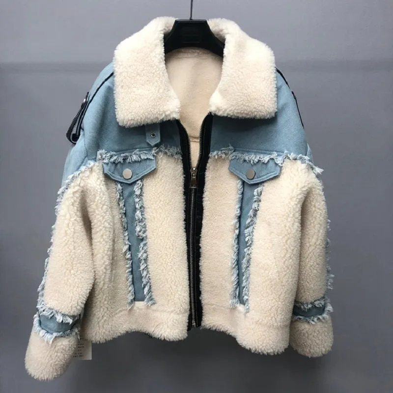 Women's Winter Casual Loose Short Denim Coat With Wool